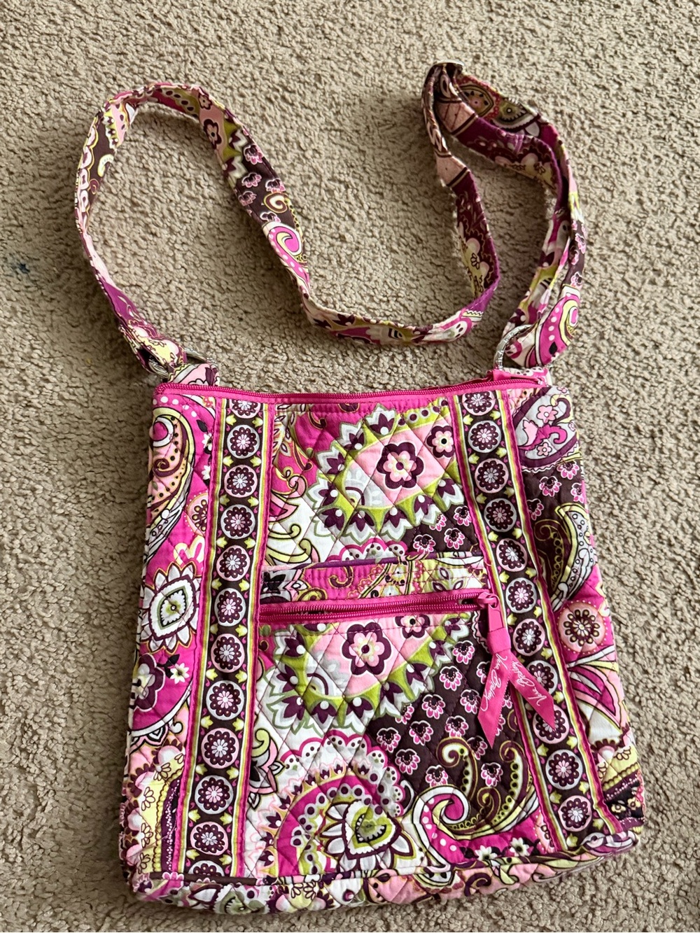 Vera Bradley Pink Paisley Quilted Crossbody with Lime Accents